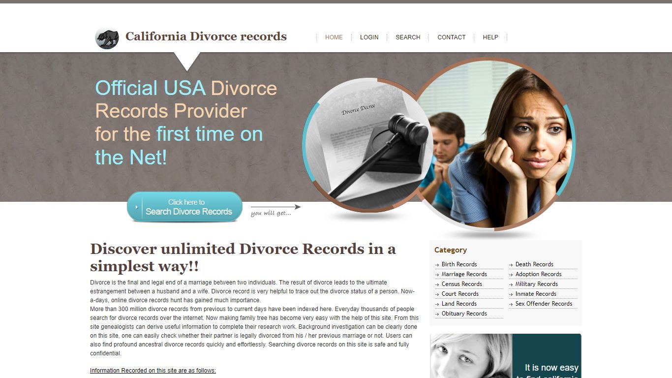 California State Divorce records. Online CA Divorce Record.